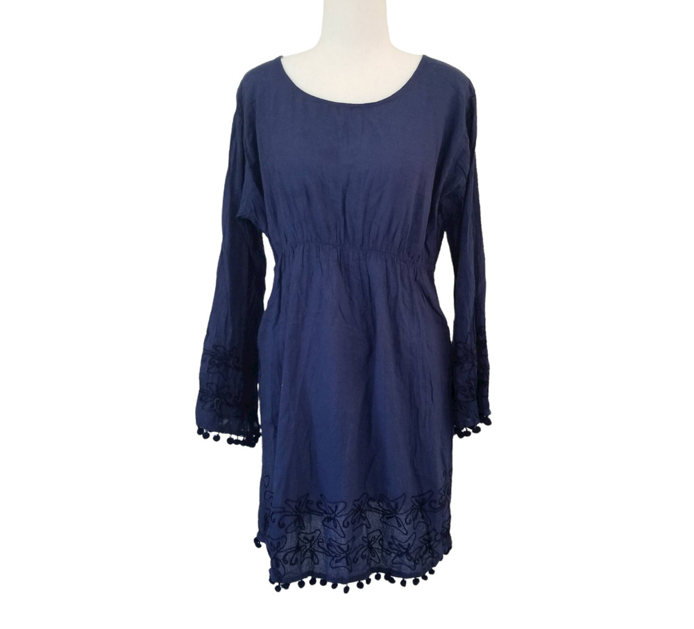 S.R. Fashion Blue Bell sleeve Dress with tassels 100% Cotton - Size XL